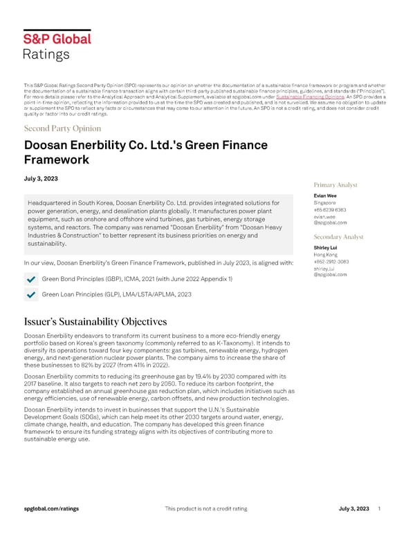 Doosan Enerbility Co. Ltd.'s Green Finance Framework - Page 1