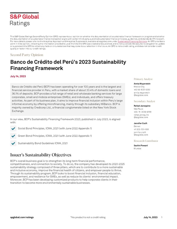 Banco de Crédito del Perú's 2023 Sustainability Financing Framework - Page 1