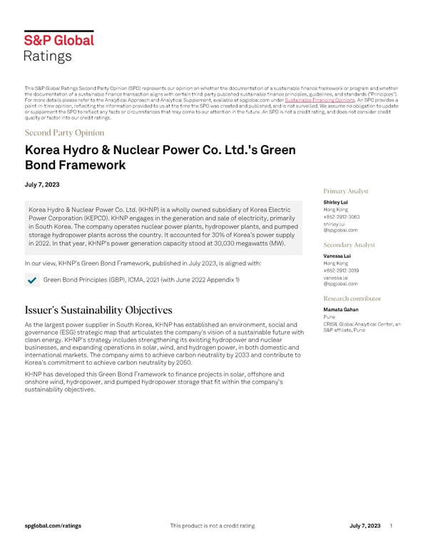 Korea Hydro & Nuclear Power Co. Ltd.'s Green Bond Framework - Page 1